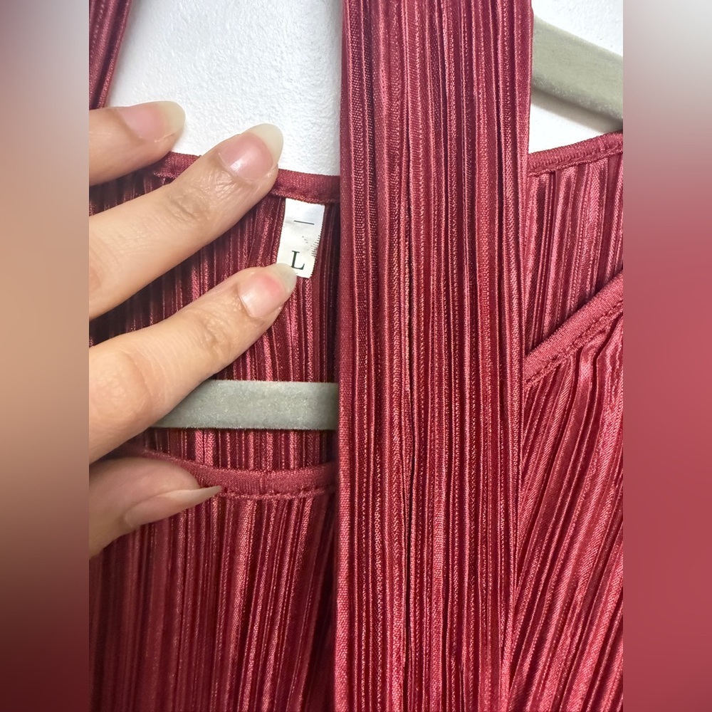 Red burgundy wine Pleated Long Sleeve Maxi Dress with belt Size Large Stretchy - Picture 4 of 6